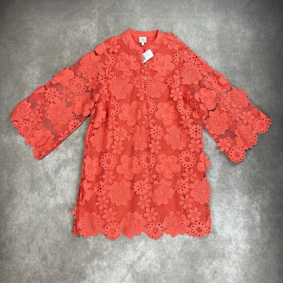 J.Marie Coral Floral Lace Tunic Blouse Dress With 3/4 Sleeves&Scalloped Edges M - Picture 1 of 8